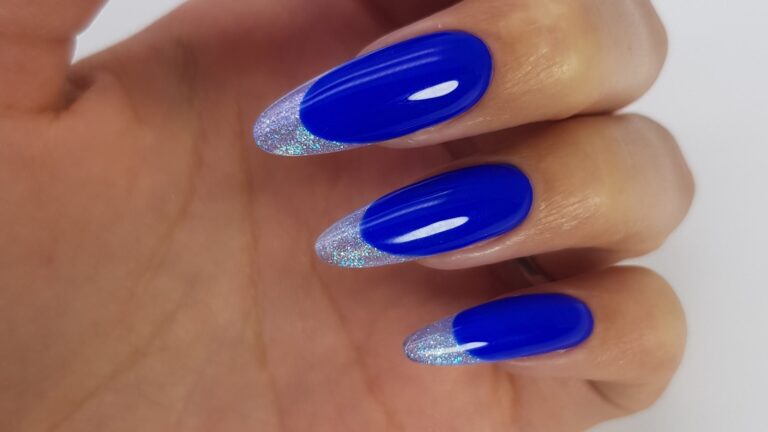 Blue nail colors in a glossy almond-shaped French gel finish