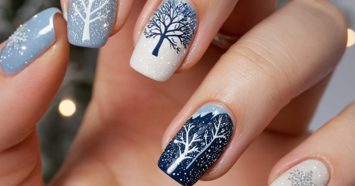 Nail stamping plates used to create a detailed blue and white tree design manicure