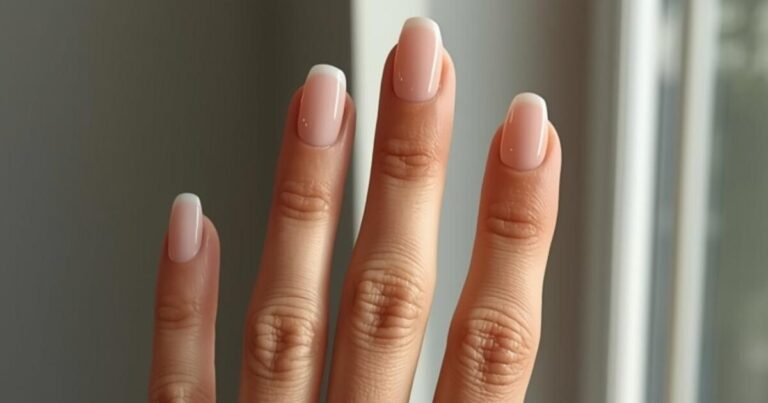 Squared artificial nails in a soft nude and white gradient finish