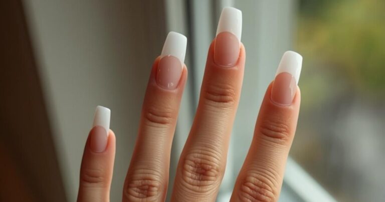 Long coffin nails with crisp white French tips held up by a window