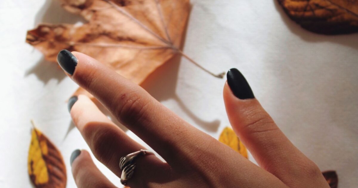 Hand with dark matte fall nails 2026 resting on dried autumn leaves