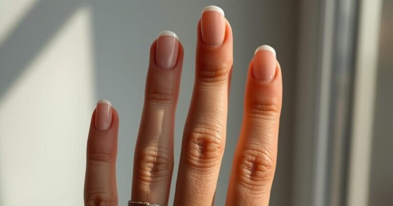 Squoval French manicure on a hand lit by soft window light