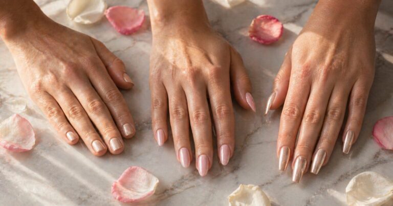 Three hands showing short, medium and long nails with pearl and chrome polish on marble