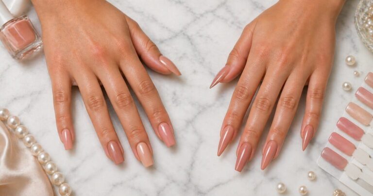 Two hands with nude coffin and stiletto nails on marble, showing different nail shapes side by side