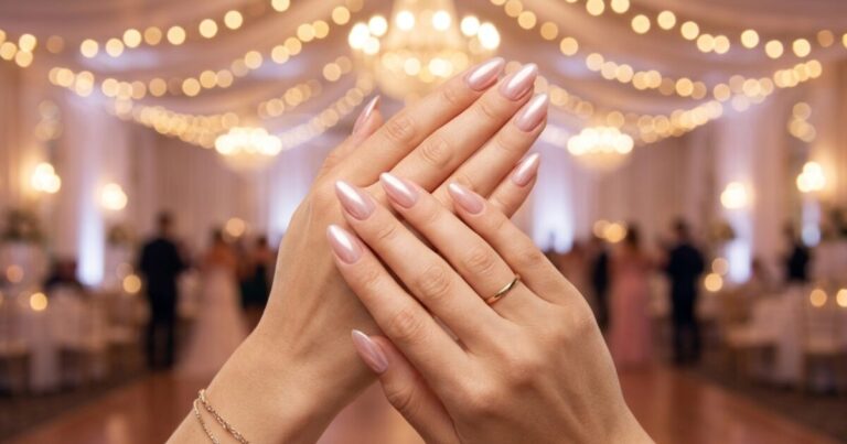 Hands with pearly almond nails in front of a softly lit ballroom, a prom night manicure