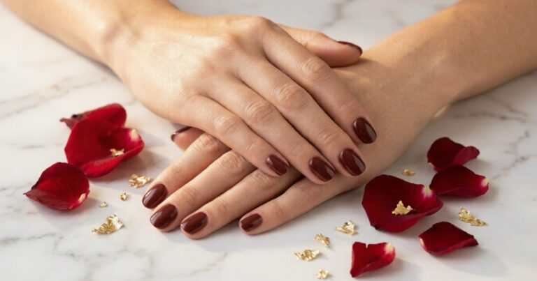 Short round nails in deep burgundy on marble with red rose petals and gold flakes